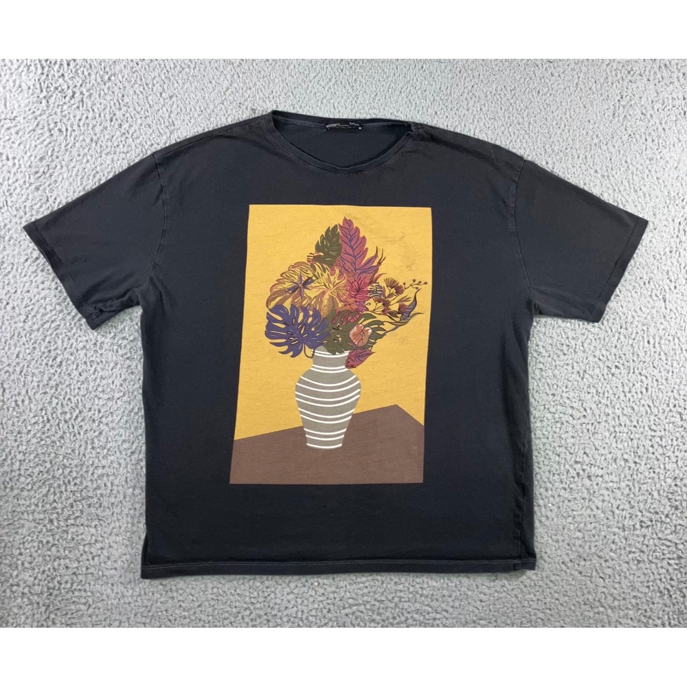Zara Graphic T-Shirt Men M Charcoal Grey Floral Gallery Oversized Boxy Gorpcore‎